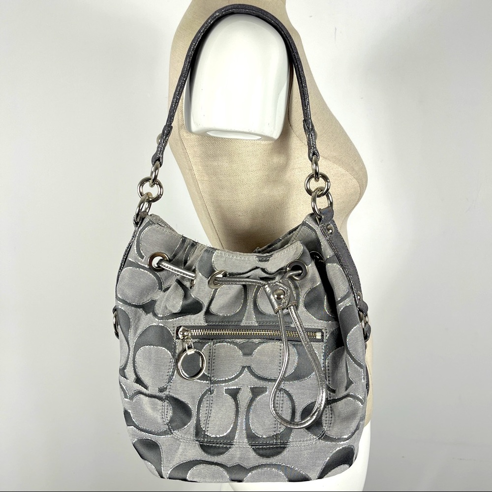 Coach Gray Signature Fabric Drawstring Shoulder Bag